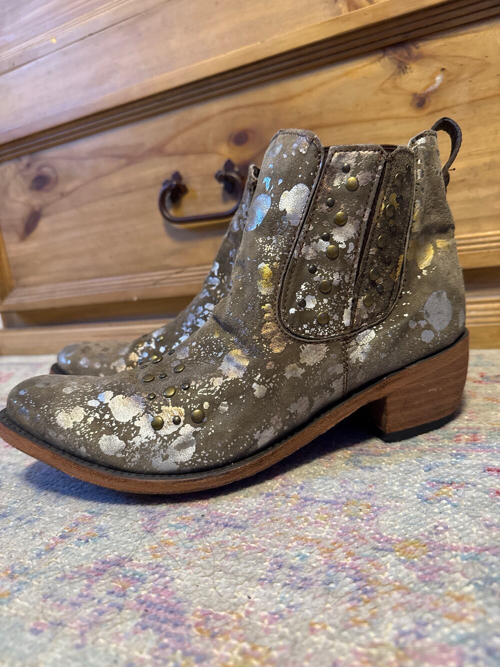 Liberty Black Distressed Paint Spltter Metallic Leather Boots 10.5